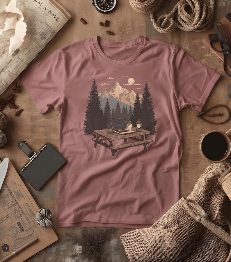 T-shirt med scen från Nomadic Workspace Camp Desk | Distansarbete, Lykta, Tallar, Comfort Colors® Brick