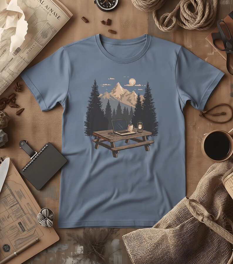 T-shirt med scen från Nomadic Workspace Camp Desk | Distansarbete, Lykta, Tallar, Comfort Colors® Blue Jean