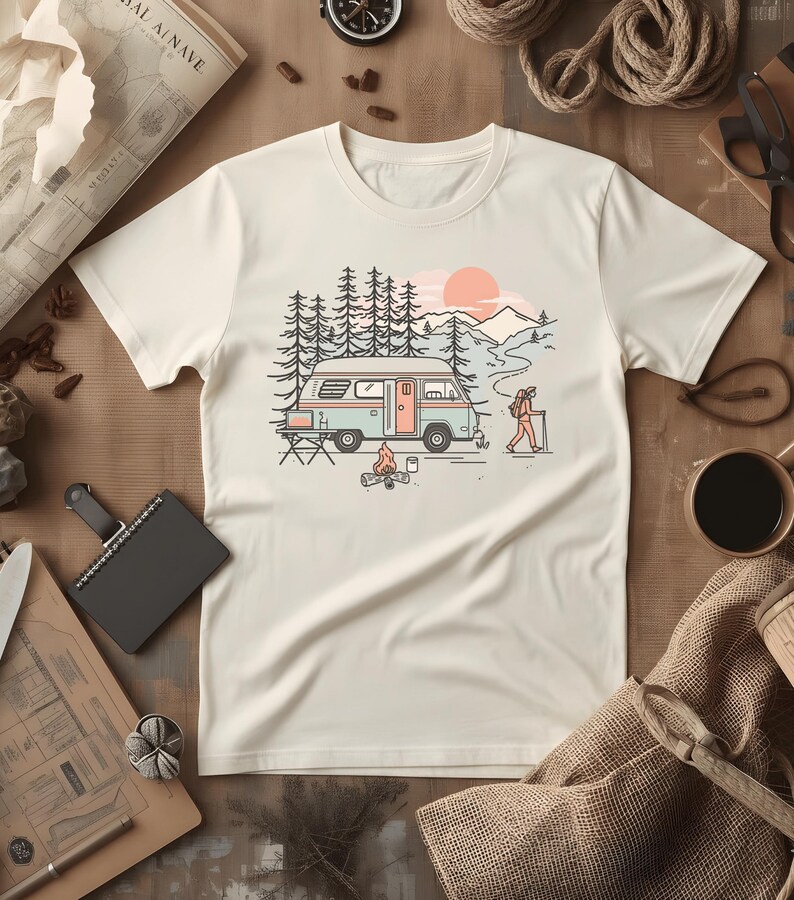Digital Van Nomad T-Shirt | Retro Mountain Camping Scene, Comfort Colors® Ivory