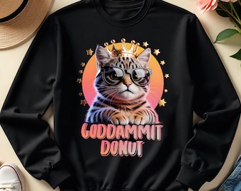 Funny Cat Crown PNG, Cool Kitty Retro Sunset Art, Cute Cat with Glasses Design for Shirts, Stickers & Crafts, Digital Download