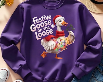 Festive Goose Christmas PNG, Funny Holiday Goose Lights Clipart, Cute Winter Bird Wearing Santa Hat Digital Download Sublimation