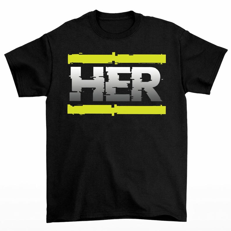 May include: Black t-shirt with the word "HER" in a glitch-style font. The word is white with a gray gradient and is framed by two horizontal neon yellow bars. A simple, modern design.