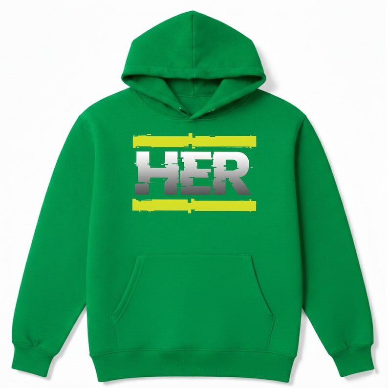 May include: Green hooded sweatshirt with a front pocket and a drawstring hood. The word "HER" is printed across the chest in white and gray, framed by two yellow horizontal lines.