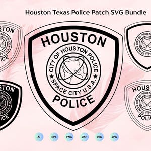 May include: A collection of Houston Texas Police patch designs in black and white. The patches feature the words "Houston", "Police", and "Space City U.S.A." in a shield shape. The image also includes file type icons.