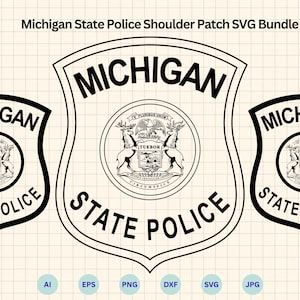 May include: Black and white Michigan State Police shoulder patch SVG bundle. The design features three shield-shaped patches with the words "MICHIGAN" and "STATE POLICE". The center of each patch has a circular emblem with a deer and the text "TUEBOR".