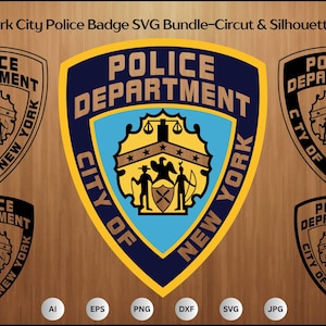 Puede incluir: Una colección de diseños de insignias del Departamento de Policía de la Ciudad de Nueva York en varios estilos. La imagen incluye una insignia central en azul, amarillo y azul claro, rodeada de versiones en blanco y negro. El texto incluye "Police Department" y "City of New York."
