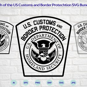 Könnte beinhalten: Drei schwarz-weiße US Customs and Border Protection-Patches. Die Patches zeigen den Text "U.S. Customs and Border Protection" und das Siegel des Department of Homeland Security. Die Patches haben die Form eines Schildes.