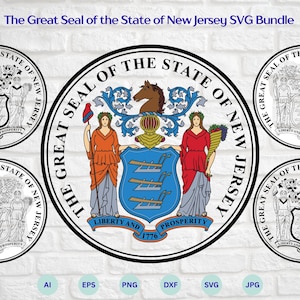 Könnte beinhalten: Das SVG-Bundle des Großen Siegels des Staates New Jersey. Das Bild zeigt das Staatssiegel in mehreren Varianten, darunter ein großes zentrales Siegel und vier kleinere runde Siegel. Die Siegel zeigen das Staatswappen mit dem Text "Liberty and Prosperity 1776".