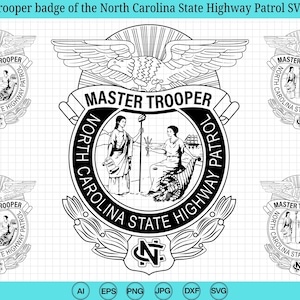 Puede incluir: Paquete SVG en blanco y negro de la insignia de Master Trooper de la Patrulla de Carreteras del Estado de Carolina del Norte. El diseño presenta un águila, las palabras "Master Trooper" y el sello estatal.