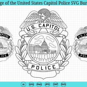 Może przedstawiać: Czarno-biały pakiet SVG z odznaką policji Kapitolu Stanów Zjednoczonych. Projekt zawiera orła, budynek Kapitolu oraz napisy "U.S. CAPITOL" i "POLICE". Idealny do projektów cyfrowych.