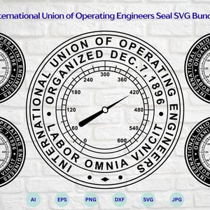 以下が含まれることがあります： International Union of Operating EngineersのシールのSVGバンドル。デザインには、針が付いた円形のゲージが含まれており、テキストで囲まれています。テキストには「International Union of Operating Engineers」と「Labor Omnia Vincit」が含まれています。