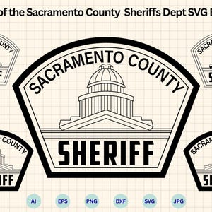 May include: Black and white Sacramento County Sheriff's Dept SVG bundle. The design features the words "Sacramento County" and "Sheriff" around an image of a building. Includes AI, EPS, PNG, DXF, SVG, and JPG file formats.
