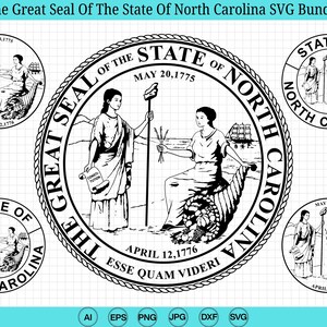 Pode incluir: Pacote SVG a preto e branco com o Grande Selo do Estado da Carolina do Norte. O design inclui o selo do estado com o texto "The Great Seal of the State of North Carolina" e as datas "May 20, 1775" e "April 12, 1776".