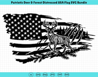 Verontruste herten VS vlag SVG, patriottische bos Wildlife, lasergravure bestand