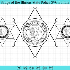 Op de afbeelding: Zwart-wit SVG-bundel met het embleem van de Illinois State Police. Het ontwerp bevat drie stervormige badges met de tekst "Illinois State Police" en de woorden "Integriteit, Service, Trots". De afbeelding staat op een rasterachtergrond.