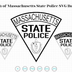 May include: A black and white graphic of three Massachusetts State Police patches. The patches are in a shield shape with the words "Massachusetts State Police" in a bold font. The image also includes file type icons.