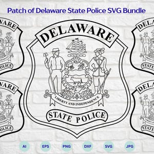 Pode incluir: Pacote SVG em preto e branco com o distintivo da Polícia Estadual de Delaware. O design inclui o selo do estado com os textos "DELAWARE" e "STATE POLICE". A frase "LIBERTY AND INDEPENDENCE" também está presente.