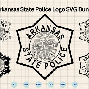 Puede incluir: Un paquete de cinco diseños de logotipos de la Policía Estatal de Arkansas en formato SVG. Los logotipos presentan un emblema en forma de estrella con el texto "ARKANSAS STATE POLICE". Los formatos de archivo incluyen AI, EPS, PNG, DXF, SVG y JPG.