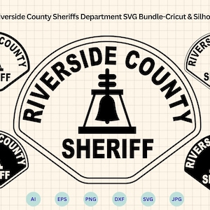 May include: A collection of black and white Riverside County Sheriff's Department patches in various shapes. The patches feature the words "Riverside County" and "Sheriff" around a bell icon. Includes SVG, PNG, and other file formats.