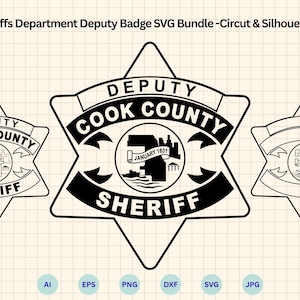 May include: Black and white Cook County Sheriff Deputy badge SVG bundle. The design features a star shape with the words "Deputy", "Cook County", and "Sheriff". The badge includes an illustration of a building and the text "January 1831".