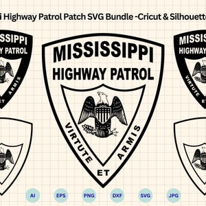 Könnte beinhalten: Ein digitales Grafikpaket mit Mississippi Highway Patrol-Patches im SVG-Format. Die Patches sind schwarz und weiß, mit den Worten "Mississippi Highway Patrol" und einem Adler-Emblem. Enthält AI-, EPS-, PNG-, DXF-, SVG- und JPG-Dateien.