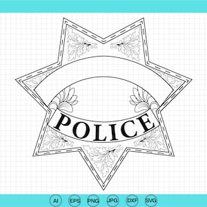 May include: A black and white line art illustration of a seven-pointed star-shaped police badge. The design features intricate scrollwork and floral patterns within the star points, with a central banner displaying the word POLICE in bold text.