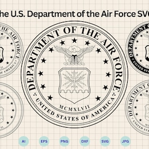 May include: Black and white vector graphic bundle featuring multiple versions of the U.S. Department of the Air Force seal. The seal includes an eagle, shield, stars, and text: "Department of the Air Force" and "United States of America."