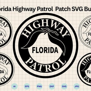 Può includere: Una collezione di patch della Florida Highway Patrol in bianco e nero. Le patch presentano le parole "HIGHWAY" e "PATROL" attorno a una grafica centrale di un'arancia stilizzata e la parola "FLORIDA".