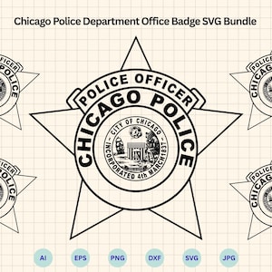 Puede incluir: Paquete SVG de insignias de la Oficina del Departamento de Policía de Chicago en blanco y negro. El diseño presenta una forma de estrella con las palabras "POLICE OFFICER CHICAGO POLICE" y el sello de la ciudad. Incluye formatos de archivo AI, EPS, PNG, DXF, SVG y JPG.