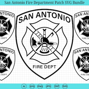 Puede incluir: Un paquete SVG en blanco y negro con parches del Departamento de Bomberos de San Antonio. Los parches muestran las palabras "San Antonio" y "Fire Dept" con un diseño de cruz de Malta, un casco de bombero y otras herramientas.