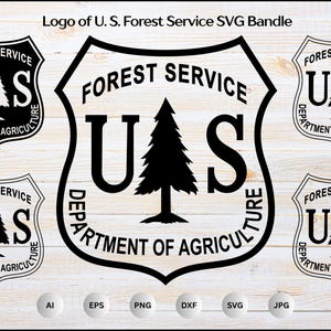 Può includere: Una collezione di loghi in bianco e nero del U.S. Forest Service. I loghi presentano uno scudo con il testo "FOREST SERVICE", "UAS" e "DEPARTMENT OF AGRICULTURE", insieme a un pino stilizzato. Le icone dei tipi di file sono in basso.