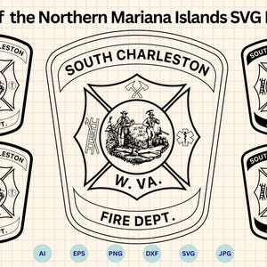 Może przedstawiać: Czarno-biały pakiet SVG z pieczęcią Straży Pożarnej South Charleston. Projekt zawiera tekst "SOUTH CHARLESTON", "W. VA." i "FIRE DEPT.", a także ilustracje strażaków, toporów i drabiny. Pakiet zawiera formaty plików AI, EPS, PNG, DXF, SVG i JPG.