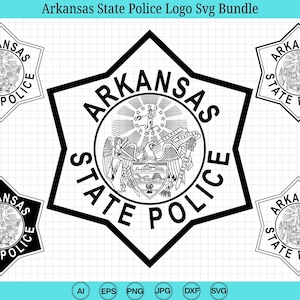 Puede incluir: Un paquete SVG en blanco y negro con el logotipo de la Policía Estatal de Arkansas. El diseño incluye un emblema central con el sello estatal, rodeado por las palabras "Arkansas State Police". Se muestran varias variaciones del logotipo.