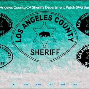 May include: A digital SVG bundle featuring multiple designs of the Los Angeles County Sheriff's Department patch. The patches are black and white, with the words "Los Angeles County" and "Sheriff" encircling a star and bear emblem.