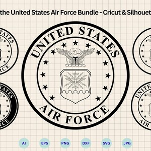 Può includere: Disegni in bianco e nero dell'emblema dell'aeronautica militare degli Stati Uniti. L'immagine include più disegni circolari con le parole "United States" e "Air Force" che circondano un emblema centrale con un'aquila e uno scudo. Il testo "Emblem of the United States Air Force Bundle - Cricut & Silhouette Cut Files" è in alto.