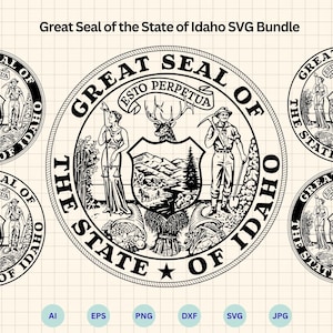 Può includere: Un pacchetto SVG in bianco e nero con il Grande Sigillo dello Stato dell'Idaho. Il design include il testo "Great Seal of the State of Idaho" e "Esto Perpetua". Il sigillo raffigura un paesaggio con figure e il nome dello stato.