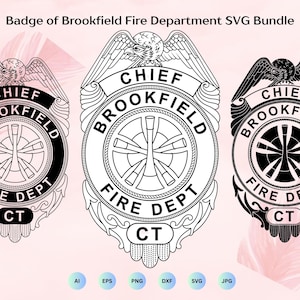Op de afbeelding: Drie zwart-witte Brookfield Fire Department-badges met de tekst "CHIEF", "BROOKFIELD", "FIRE DEPT" en "CT". De badges hebben een adelaar en een ontwerp van een Maltezer kruis. De afbeelding bevat ook pictogrammen voor bestandstypen.