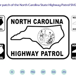 Puede incluir: Un conjunto de diseños de parches de hombro de la Patrulla de Carreteras de Carolina del Norte en blanco y negro. Los parches presentan el contorno del estado, las palabras "North Carolina" y "Highway Patrol", y un emblema circular con figuras y la fecha 20 de mayo de 1775.