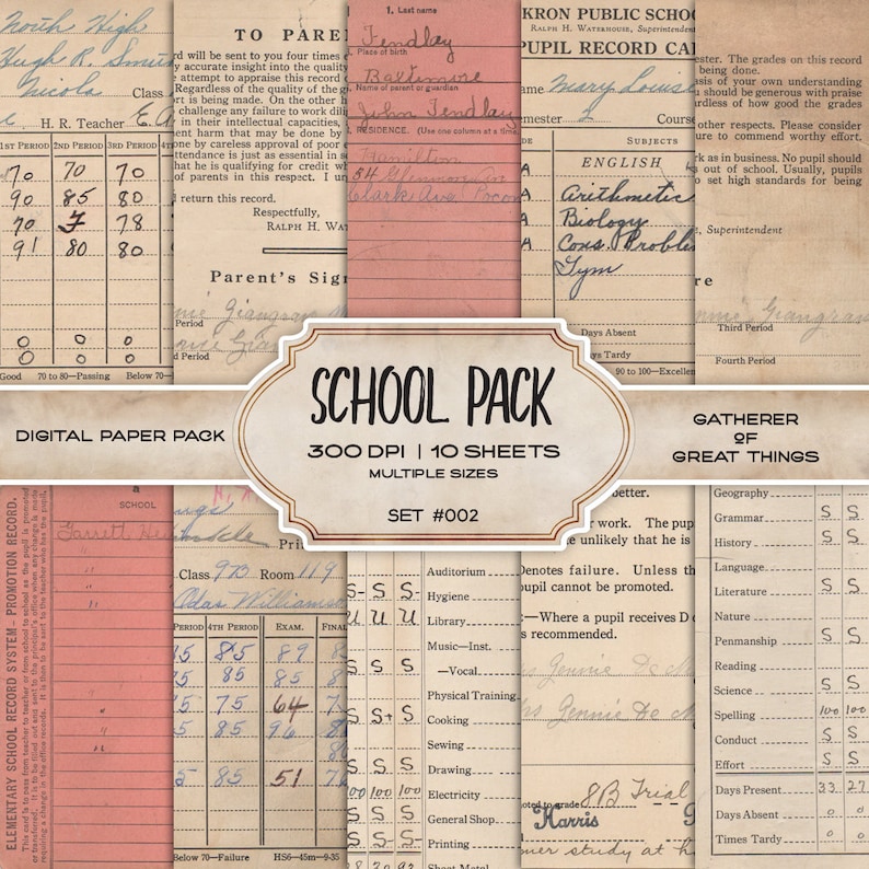 Antique School Grades Digital Paper Kit Ephemera Vintage image 0