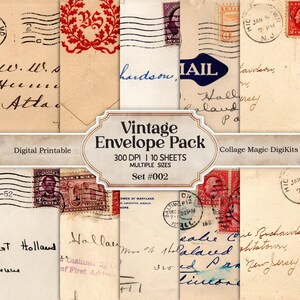 Conjunto de envelopes para impressão antigos vintage #002 | Kit de papel digital coisas efêmeras lixo diário artigos de papelaria materiais de colagem de mídia mista