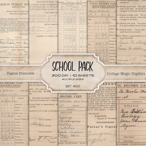 Conjunto de grados escolares antiguos #001 / Kit de papel digital Ephemera Vintage Junk Journal Mixed Media Collage Supplies