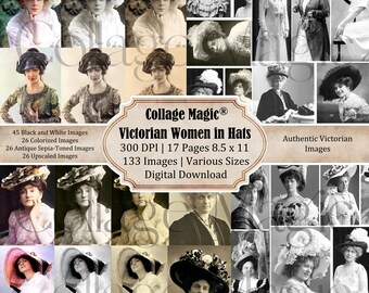 133 Vintage photos, junk journal digital vintage photos, authentic Victorian Woman in Hats, sepia, colorized, b/w, ephemera, scrapbooking.