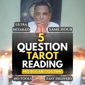 Può includere: Immagine promozionale per un servizio di lettura dei tarocchi. Il testo principale è "5 QUESTION TAROT READING" in grandi lettere bianche, con uno striscione giallo "NO SUGAR COATING". Testi aggiuntivi: "ULTRA DETAILED", "SAME HOUR", "NO TOOLS" e "FAST DELIVERY".