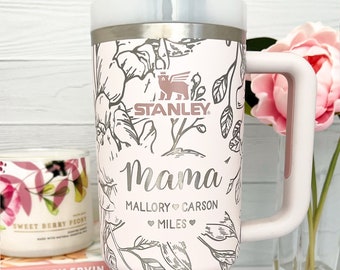 Engraved Personalized Stanley Travel Tumbler  - Stanley Cup - Floral Engraved - Mom Gift - Grandma - Christmas Gift for Her - MAMA WRAP