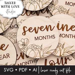 FICHIER NUMÉRIQUE - Fichier laser - Marqueurs de jalon mensuels - Marqueurs mensuels pour bébés - Marqueurs de jalon de pivoine - SVG - Glowforge - Marqueurs floraux