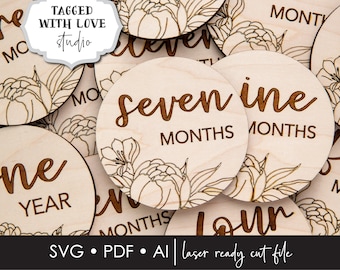 DIGITAL FILE - Laser File - Monthly Milestone Markers - Baby Monthly Markers - Peony Milestone Markers - SVG - Glowforge - Floral Markers