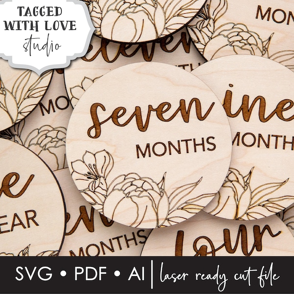 DIGITAL FILE - Laser File - Monthly Milestone Markers - Baby Monthly Markers - Peony Milestone Markers - SVG - Glowforge - Floral Markers