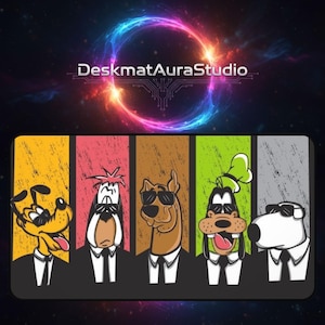 May include: A rectangular desk mat featuring cartoon dogs in suits and sunglasses, each against a different colored vertical stripe. The mat has the text "DeskmatAuraStudio" above the design, set against a colorful, swirling background.