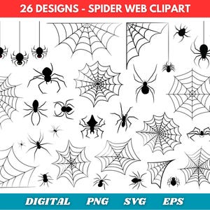 May include: A selection of 26 black and white spider web clipart designs. The image features diverse spider and web illustrations, with the text "26 DESIGNS - SPIDER WEB CLIPART" at the top and "DIGITAL PNG SVG EPS" at the bottom.