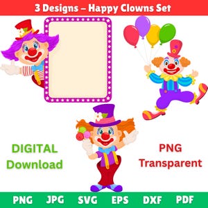Happy Clowns Clipart Set | Cartoon Circus Clown PNG, SVG | Birthday Party Digital Download